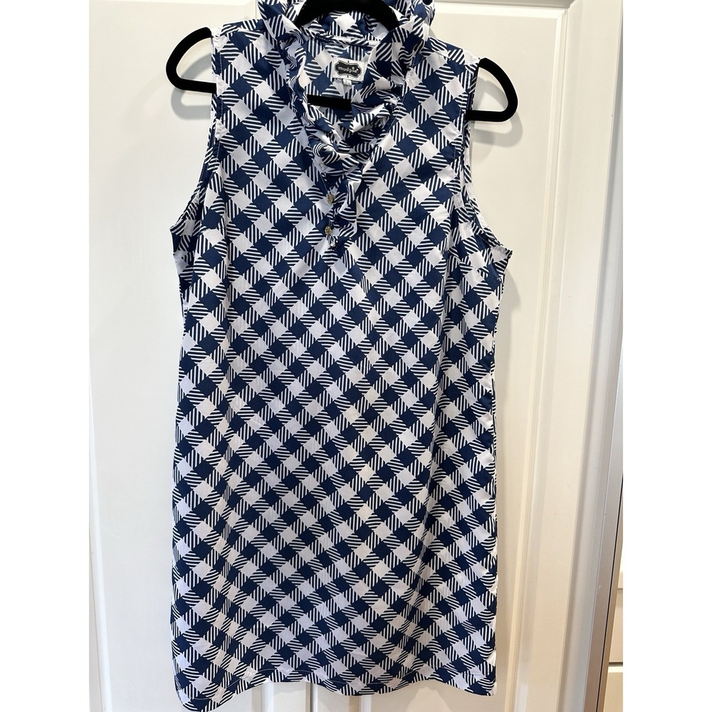 MUD PIE Navy White Gingham Womens Dress V-Neck Ruffle Knee Sleeveless Sz L 12-14